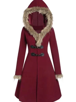 Discount Retro Stage 1950s Solid Buckle Fur Trimmed Coat