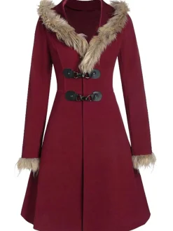 Discount Retro Stage 1950s Solid Buckle Fur Trimmed Coat