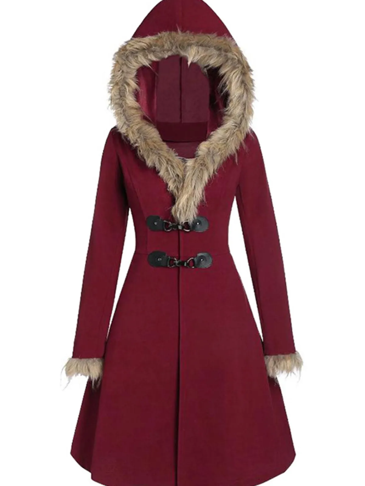 New Retro Stage 1950s Solid Buckle Fur Trimmed Coat