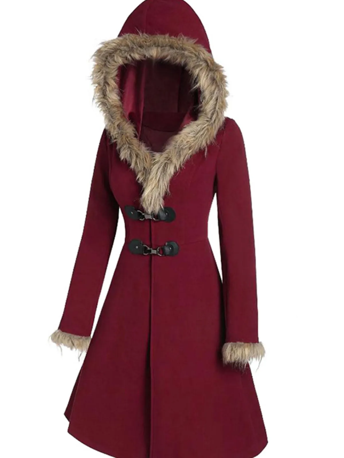 New Retro Stage 1950s Solid Buckle Fur Trimmed Coat