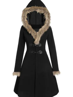 New Retro Stage 1950s Solid Buckle Fur Trimmed Coat