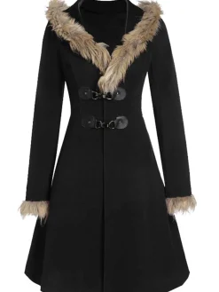 New Retro Stage 1950s Solid Buckle Fur Trimmed Coat