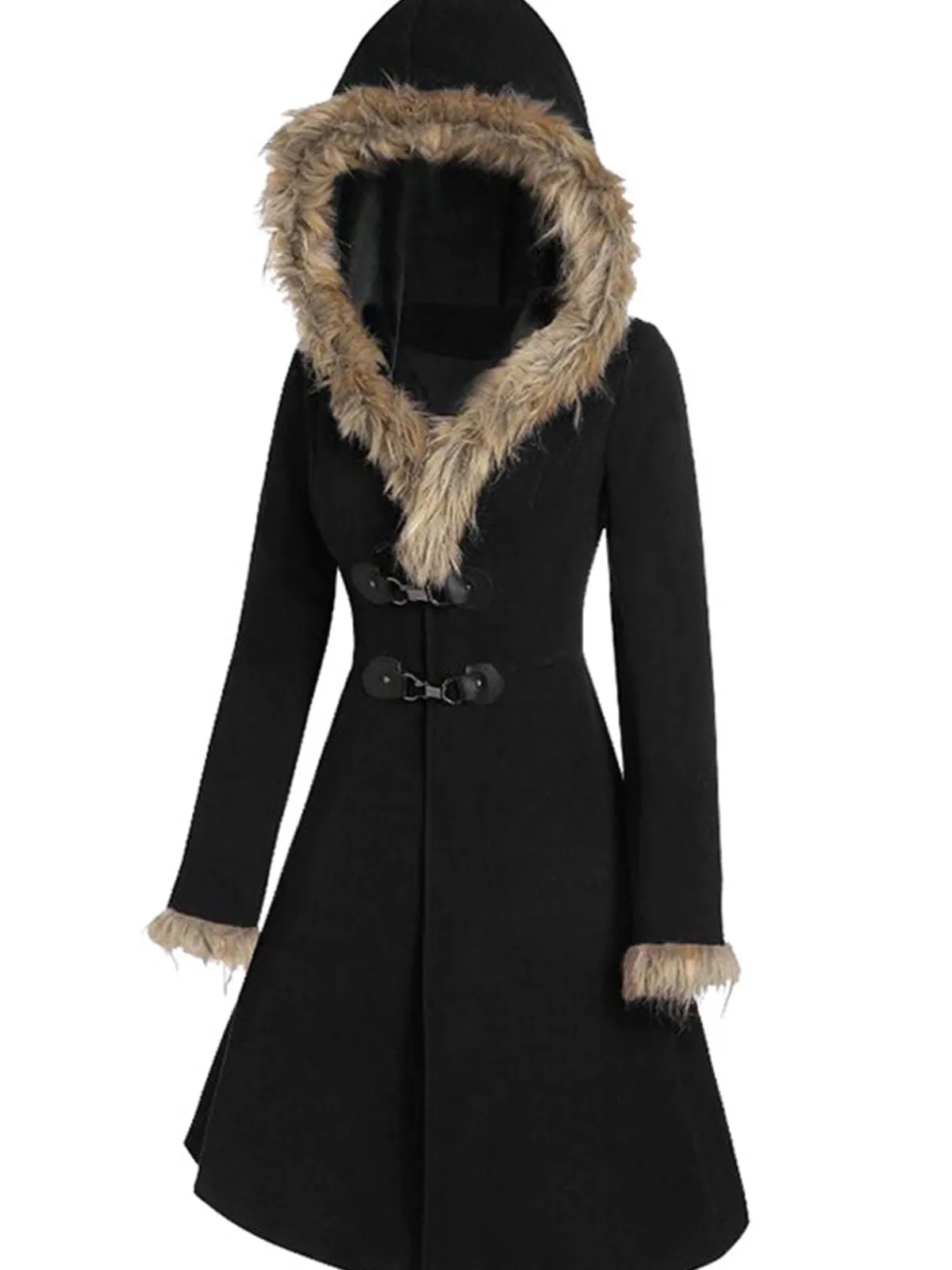 New Retro Stage 1950s Solid Buckle Fur Trimmed Coat