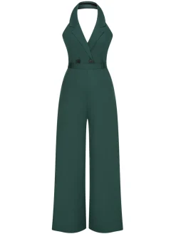 Best Retro Stage 1930s Solid Button Halter Lapel Jumpsuit