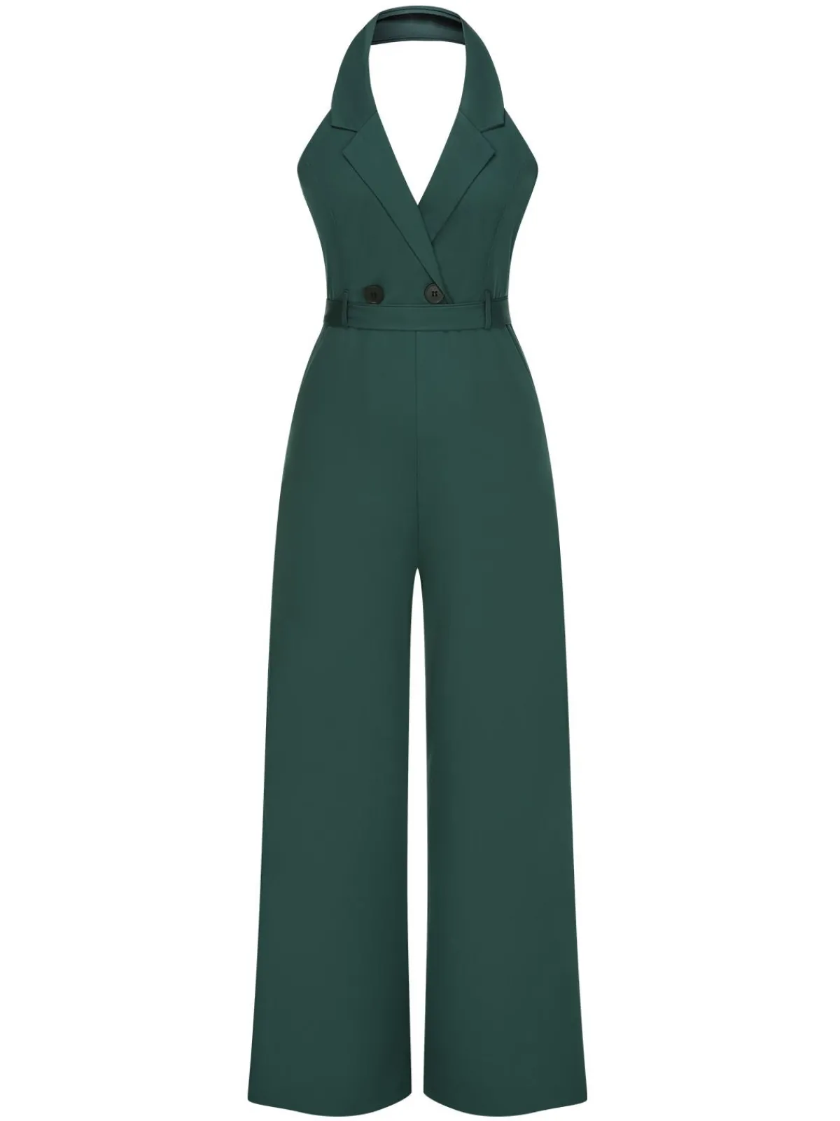 Best Retro Stage 1930s Solid Button Halter Lapel Jumpsuit