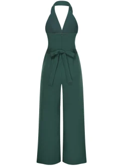 Best Retro Stage 1930s Solid Button Halter Lapel Jumpsuit