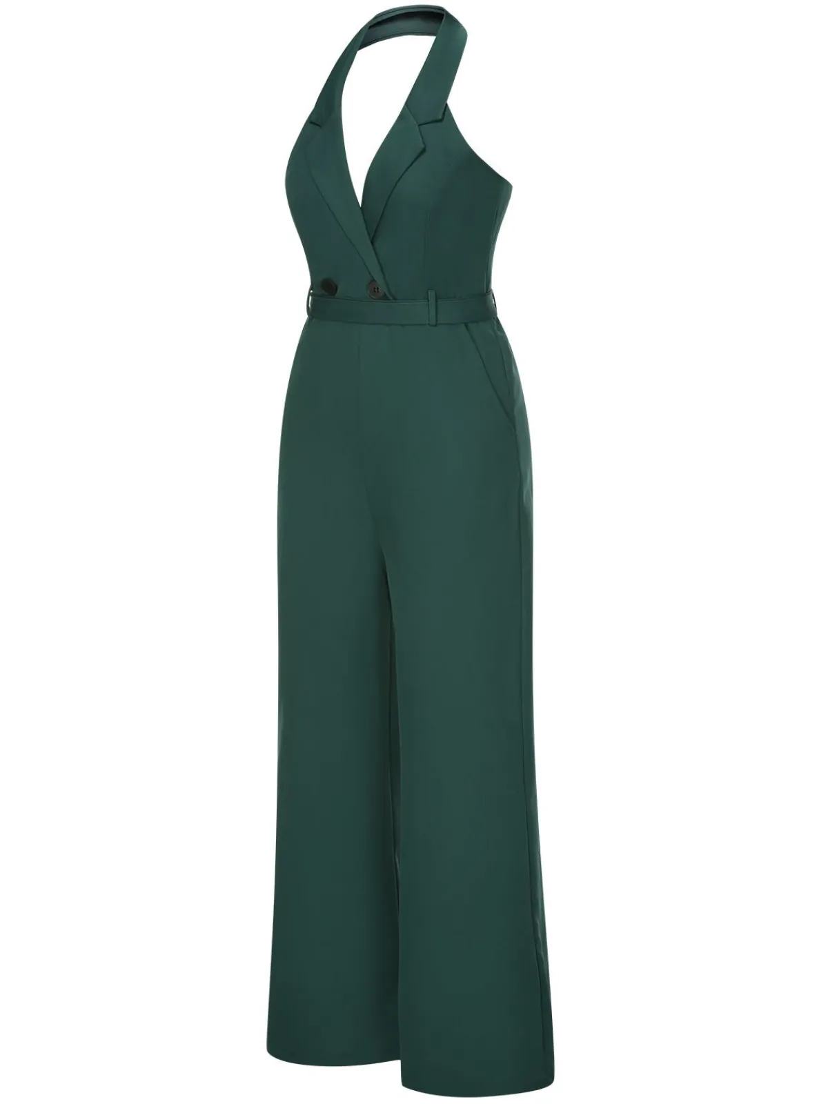 Best Retro Stage 1930s Solid Button Halter Lapel Jumpsuit