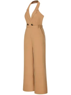 Best Retro Stage 1930s Solid Button Halter Lapel Jumpsuit