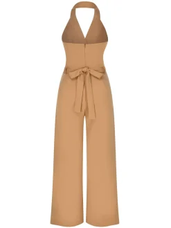 Best Retro Stage 1930s Solid Button Halter Lapel Jumpsuit