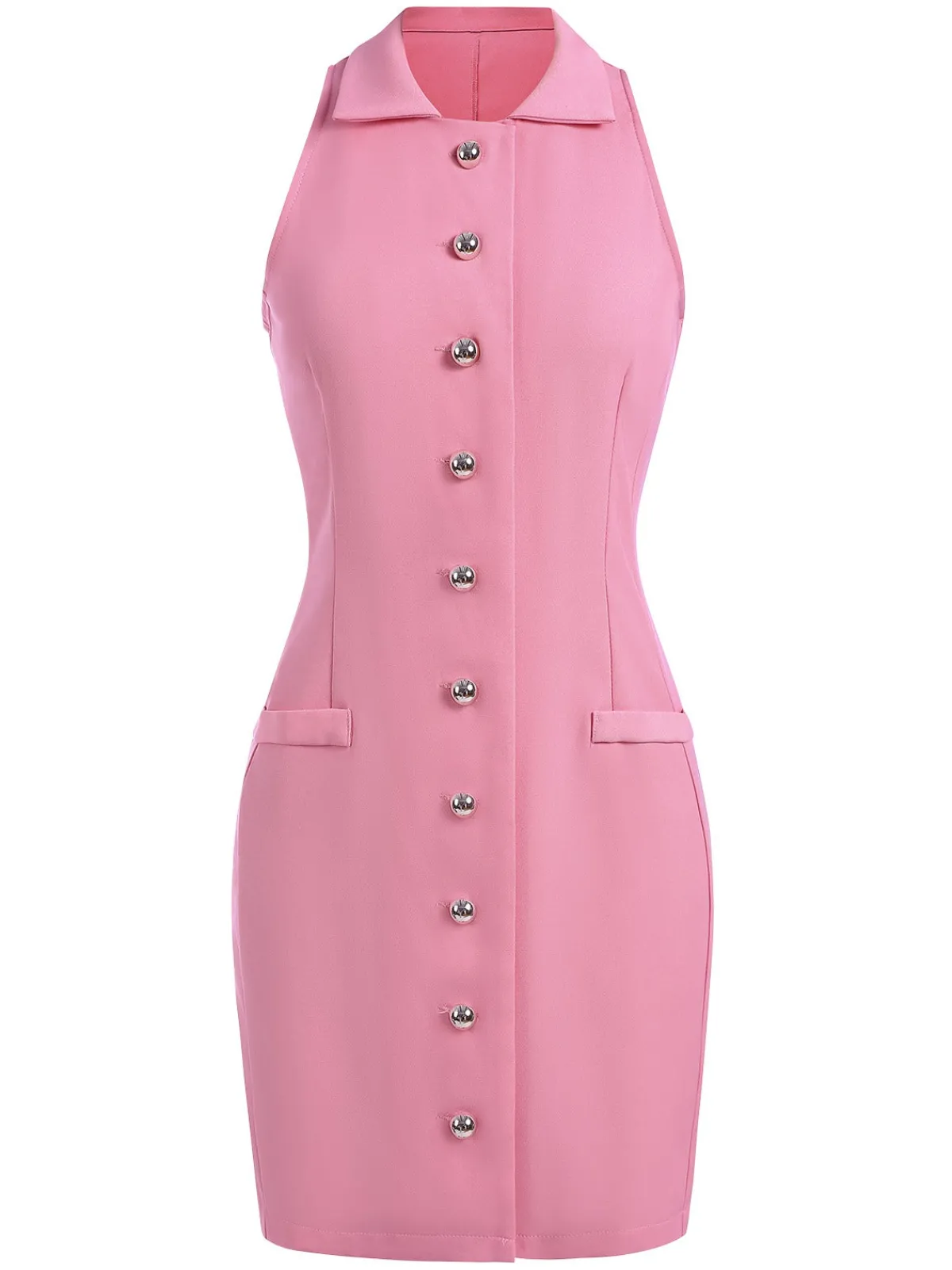 Online Retro Stage 1960s Solid Button Pocket Lapel Pencil Dress