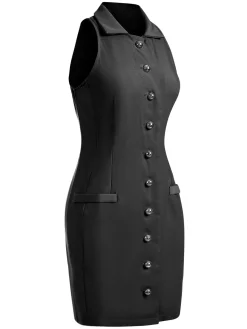 Online Retro Stage 1960s Solid Button Pocket Lapel Pencil Dress