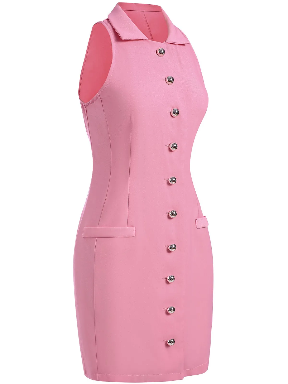 Online Retro Stage 1960s Solid Button Pocket Lapel Pencil Dress