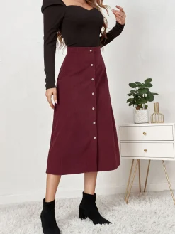 New Retro Stage 1930s Solid Buttoned Corduroy A-Line Skirt