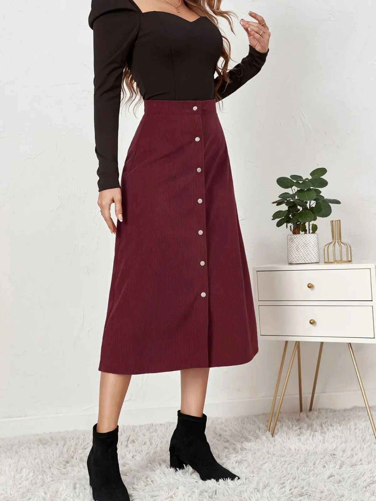 New Retro Stage 1930s Solid Buttoned Corduroy A-Line Skirt
