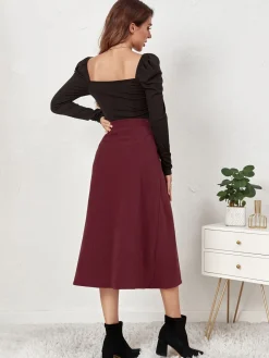 New Retro Stage 1930s Solid Buttoned Corduroy A-Line Skirt