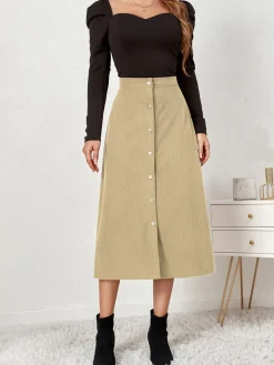 New Retro Stage 1930s Solid Buttoned Corduroy A-Line Skirt