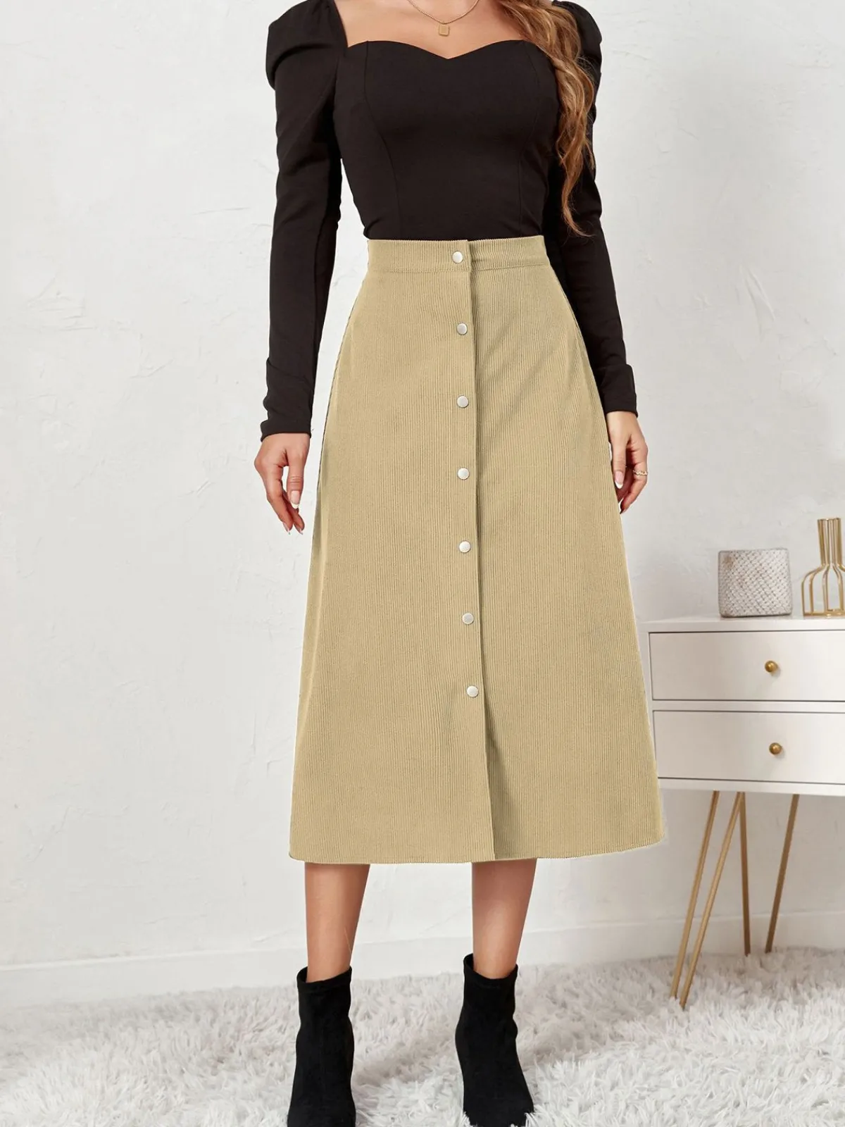 New Retro Stage 1930s Solid Buttoned Corduroy A-Line Skirt