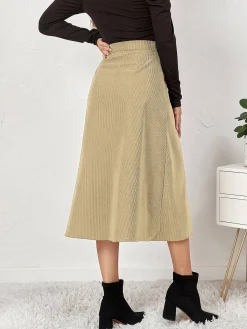 New Retro Stage 1930s Solid Buttoned Corduroy A-Line Skirt