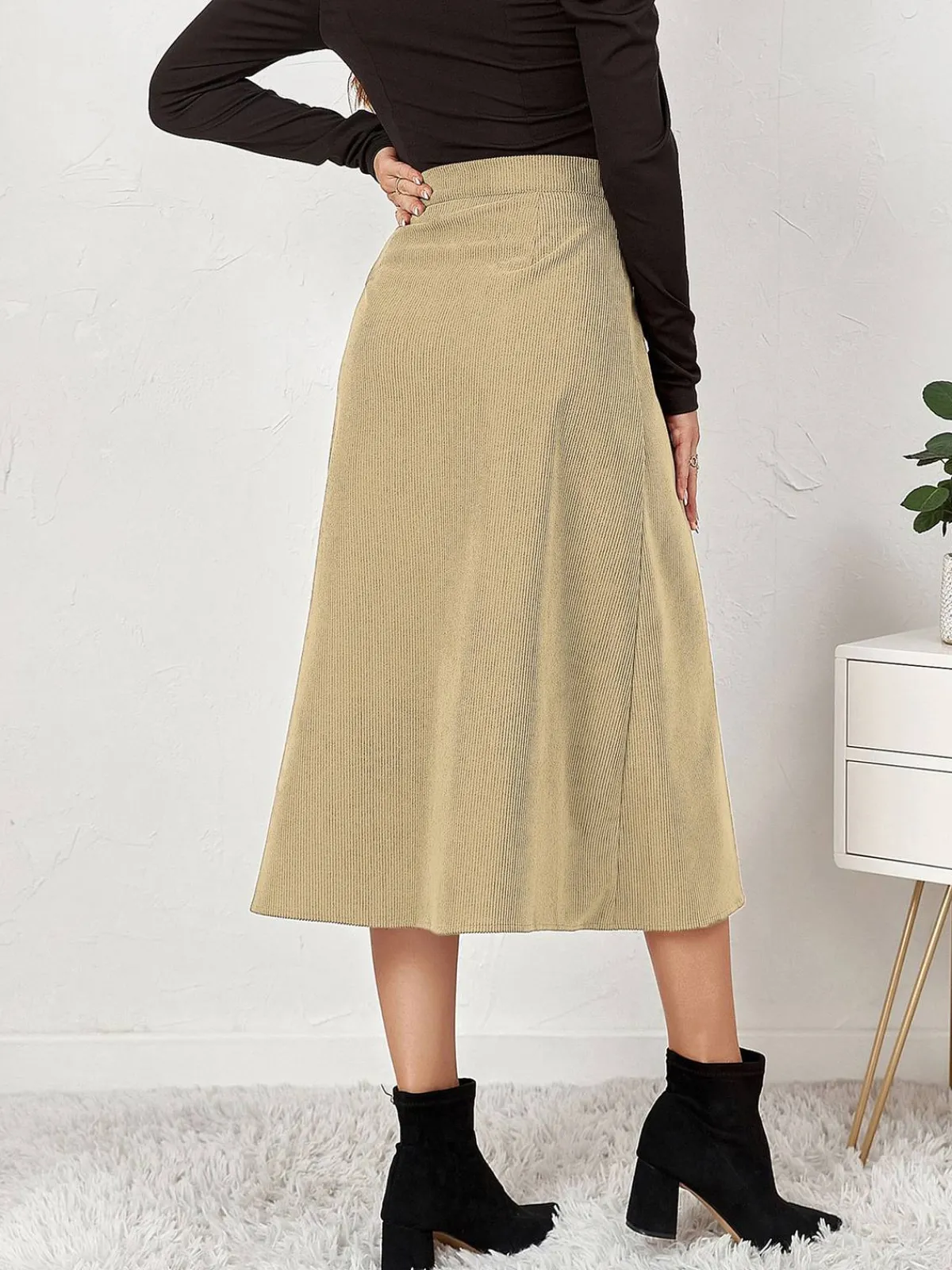 New Retro Stage 1930s Solid Buttoned Corduroy A-Line Skirt