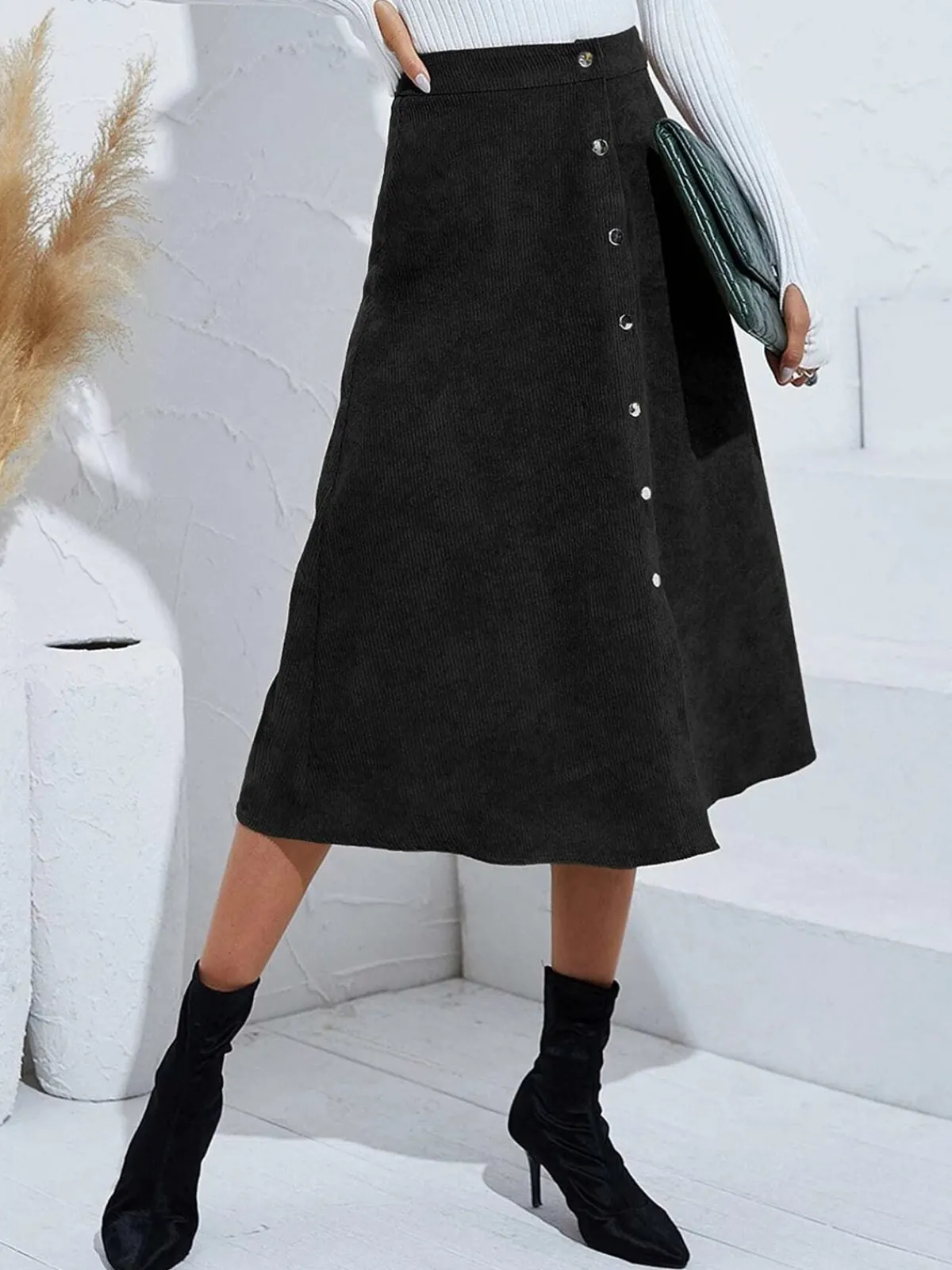 New Retro Stage 1930s Solid Buttoned Corduroy A-Line Skirt