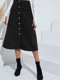 New Retro Stage 1930s Solid Buttoned Corduroy A-Line Skirt