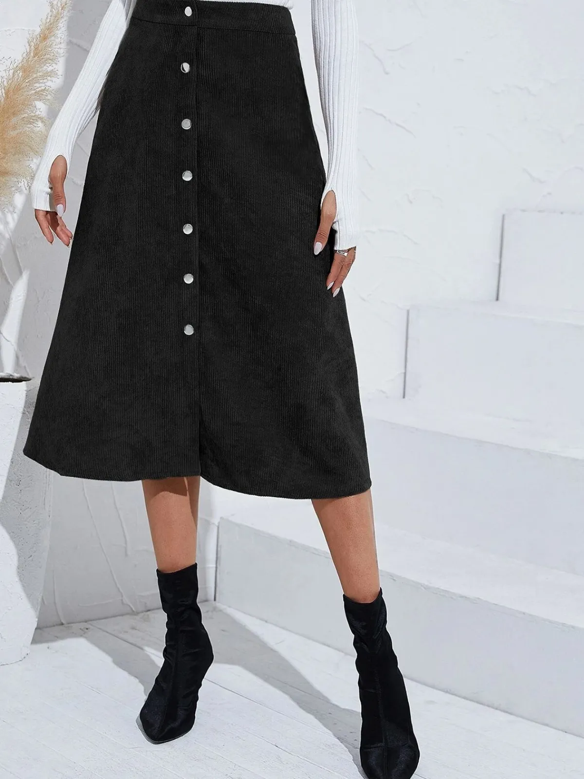 New Retro Stage 1930s Solid Buttoned Corduroy A-Line Skirt