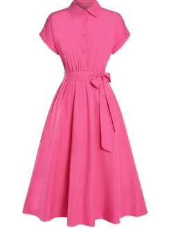 Discount Retro Stage 1940s Solid Cap Sleeves Buttoned Shirt Dress