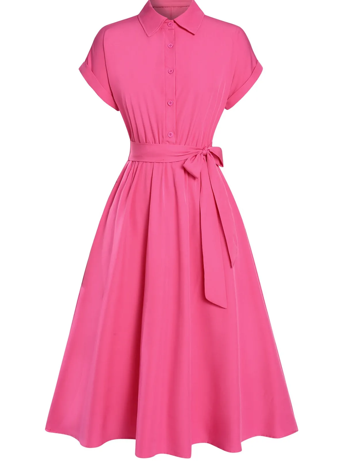Discount Retro Stage 1940s Solid Cap Sleeves Buttoned Shirt Dress