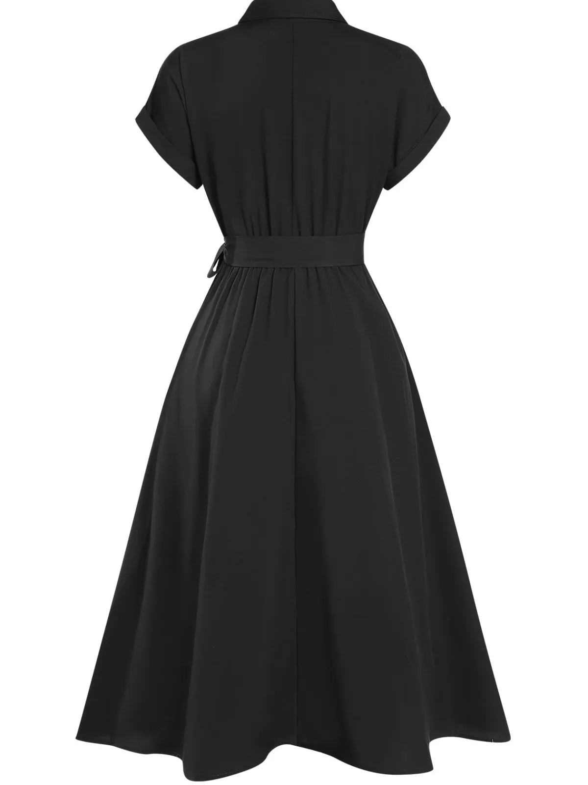 Discount Retro Stage 1940s Solid Cap Sleeves Buttoned Shirt Dress