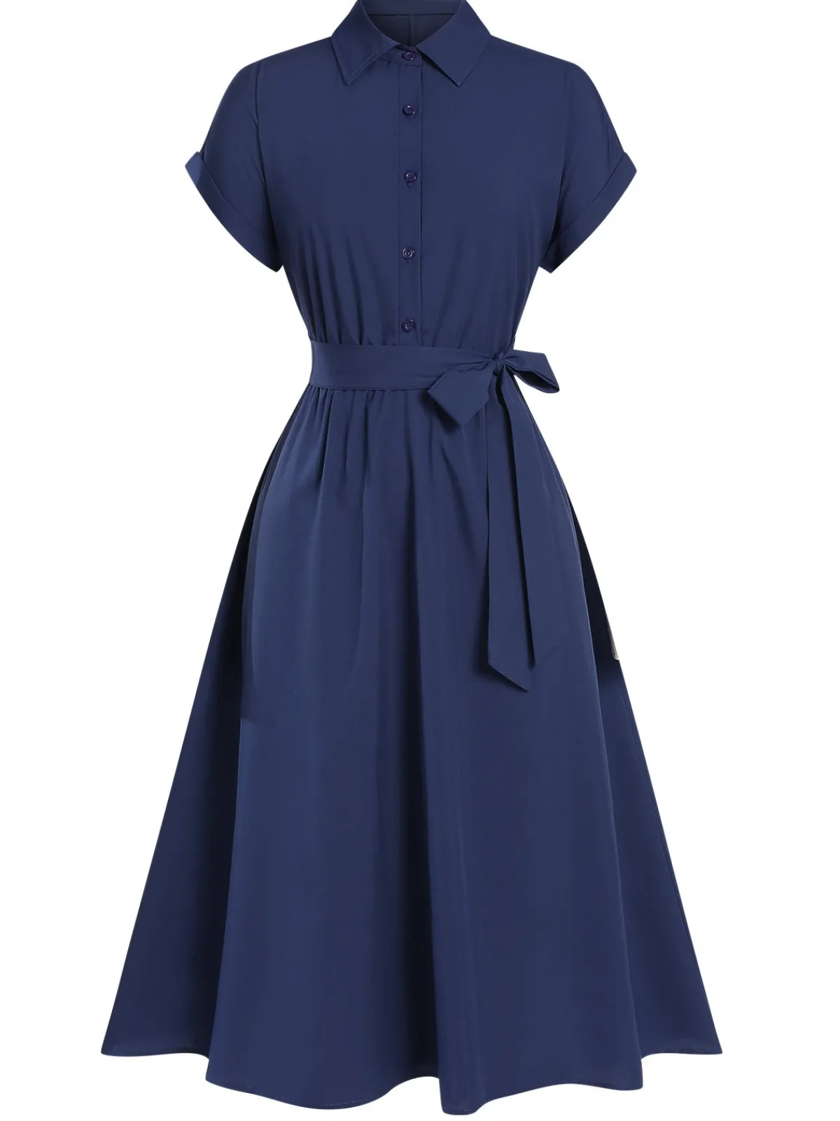 Discount Retro Stage 1940s Solid Cap Sleeves Buttoned Shirt Dress
