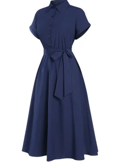 Discount Retro Stage 1940s Solid Cap Sleeves Buttoned Shirt Dress