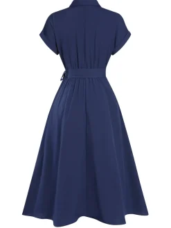Discount Retro Stage 1940s Solid Cap Sleeves Buttoned Shirt Dress
