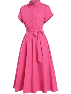 New Retro Stage 1940s Solid Cap Sleeves Buttoned Shirt Dress