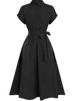 New Retro Stage 1940s Solid Cap Sleeves Buttoned Shirt Dress