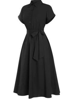 New Retro Stage 1940s Solid Cap Sleeves Buttoned Shirt Dress