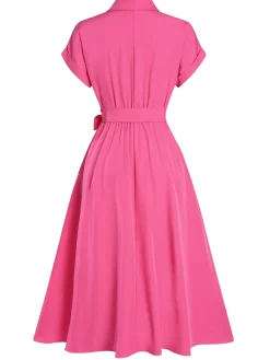 New Retro Stage 1940s Solid Cap Sleeves Buttoned Shirt Dress