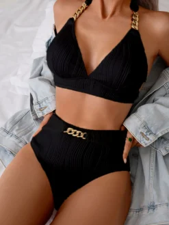 Sale Retro Stage 1950s Solid Chain Textured Fabric Halter Bikini Set