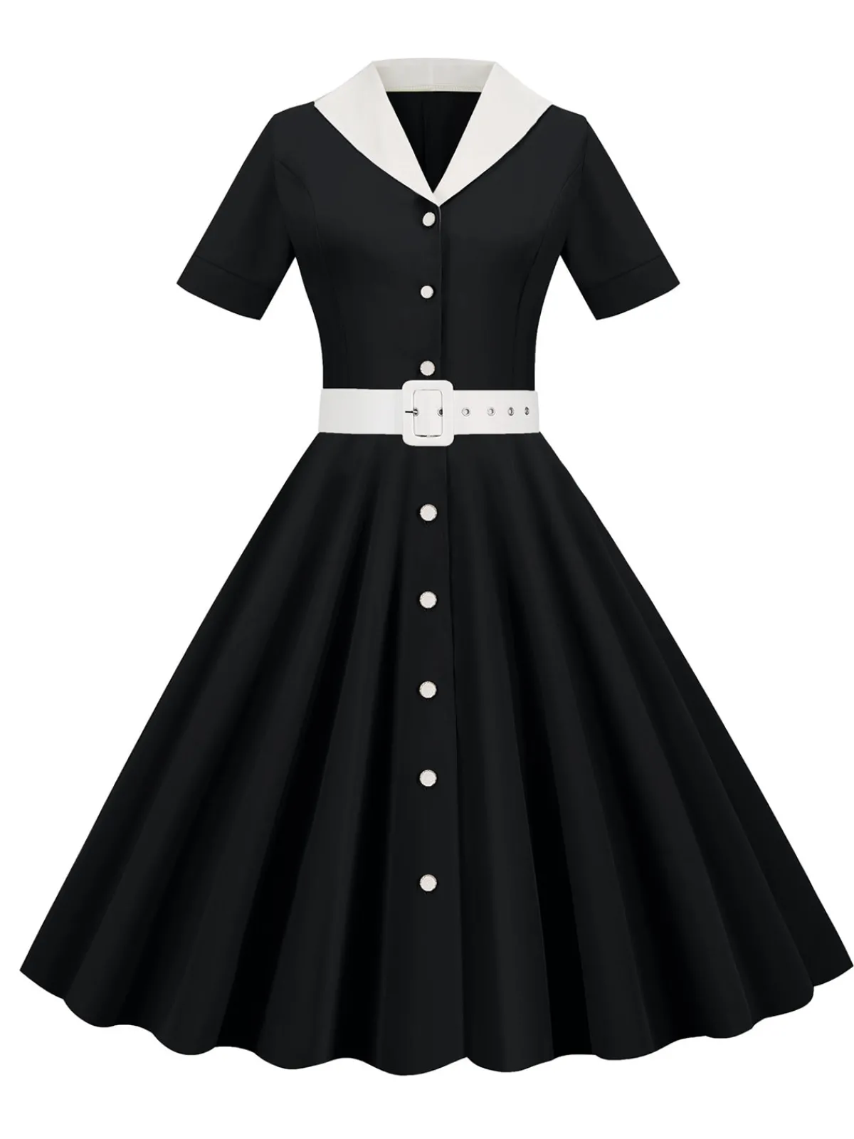 New Retro Stage 1950s Solid Contrast Lapel Belt Dress