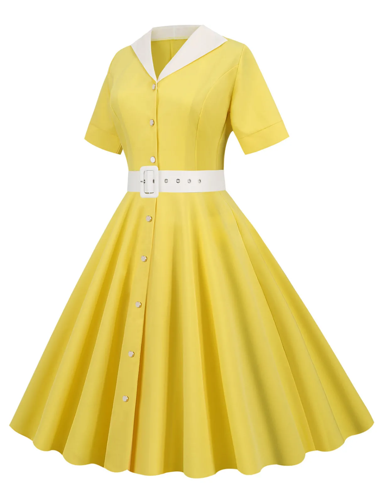 New Retro Stage 1950s Solid Contrast Lapel Belt Dress