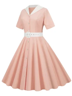 New Retro Stage 1950s Solid Contrast Lapel Belt Dress