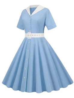 New Retro Stage 1950s Solid Contrast Lapel Belt Dress