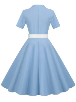 New Retro Stage 1950s Solid Contrast Lapel Belt Dress