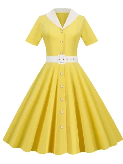 New Retro Stage 1950s Solid Contrast Lapel Belt Dress