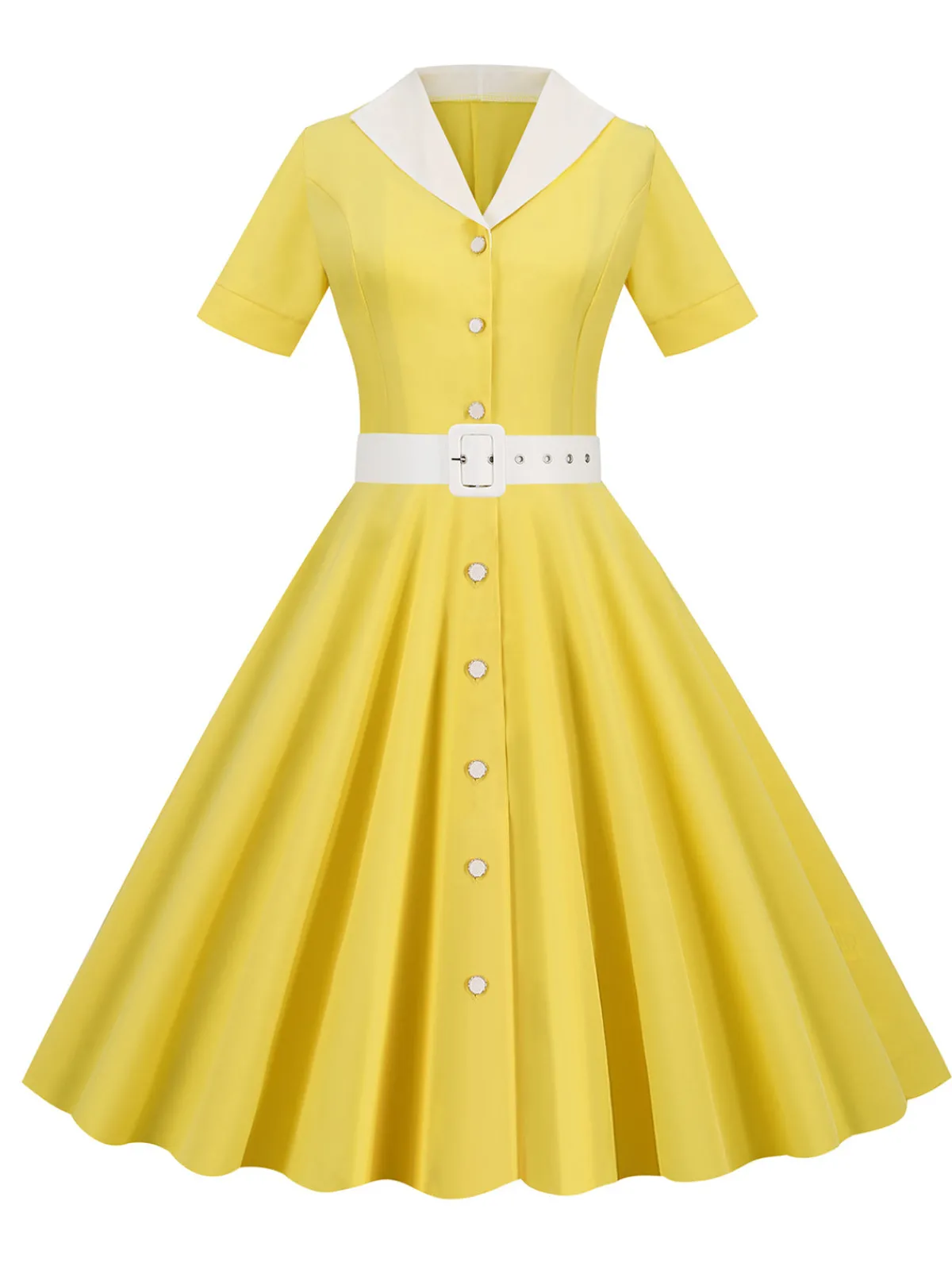 New Retro Stage 1950s Solid Contrast Lapel Belt Dress