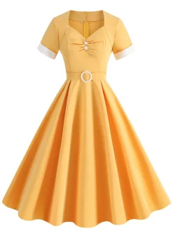 Discount Retro Stage 1950s Solid Contrast V-Neck Swing Dress