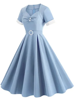 Discount Retro Stage 1950s Solid Contrast V-Neck Swing Dress