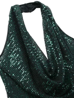 Clearance Retro Stage 1930s Solid Cowl Neck Halter Sequined Jumpsuit