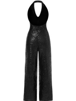 Clearance Retro Stage 1930s Solid Cowl Neck Halter Sequined Jumpsuit