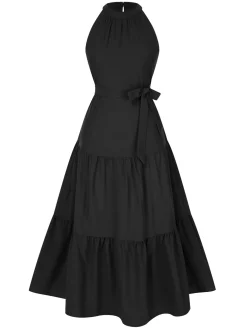 Fashion Retro Stage 1950s Solid Crew Halter Tiered Dress