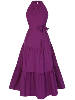 Fashion Retro Stage 1950s Solid Crew Halter Tiered Dress
